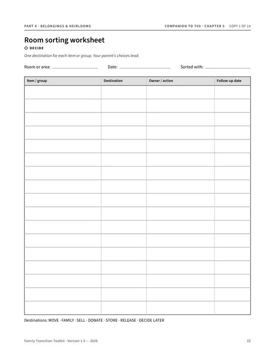 Page 22 of the printable Toolkit: Room sorting worksheet.